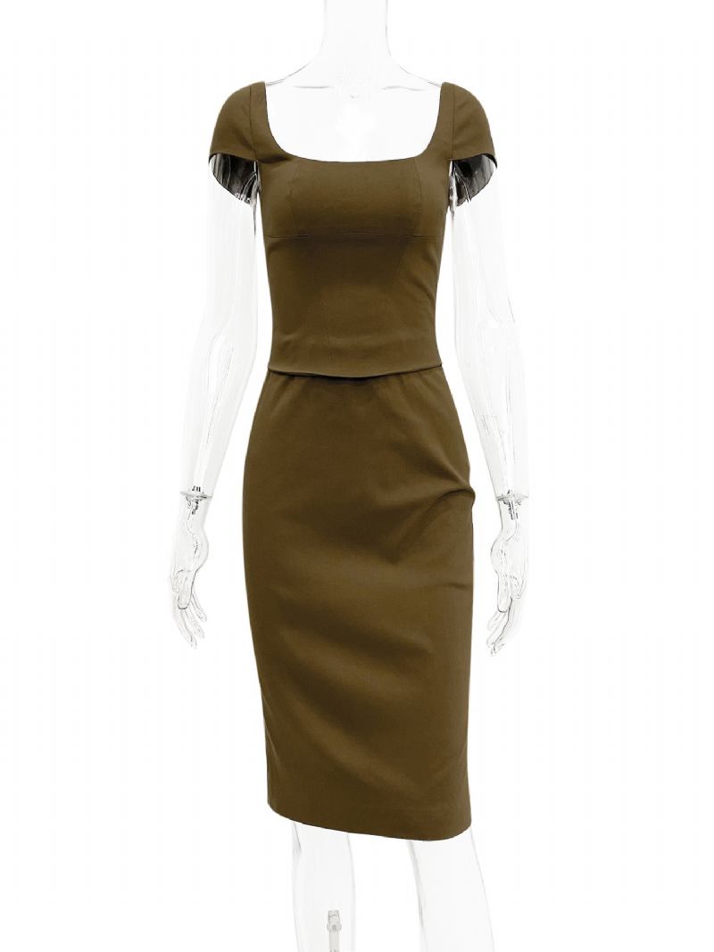 Vestidos Bodycon Femininos Verde-oliva Com Decote Quadrado E Fenda Baixa Chique Vestido Lápis Manga Curta - Oliva