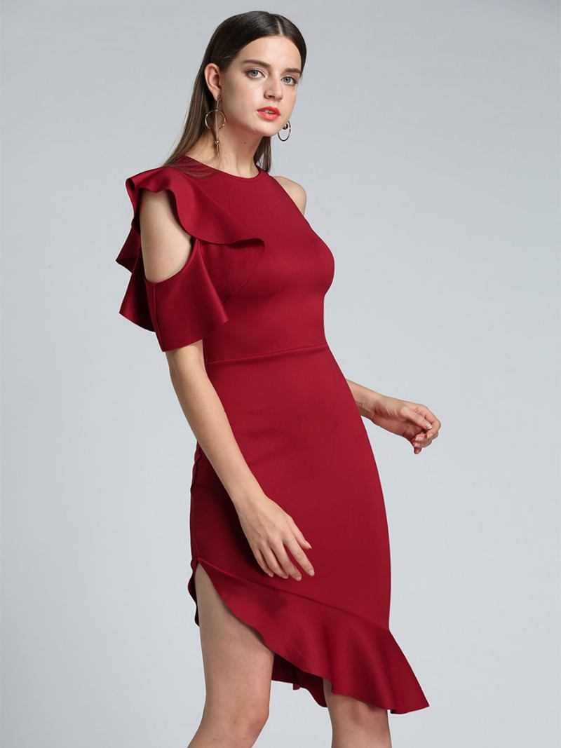 Vestidos Bodycon Pretos Femininos Assimétricos Babados Chique Vestido Curto Lápis - Vermelho