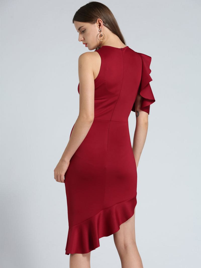 Vestidos Bodycon Pretos Femininos Assimétricos Babados Chique Vestido Curto Lápis - Vermelho