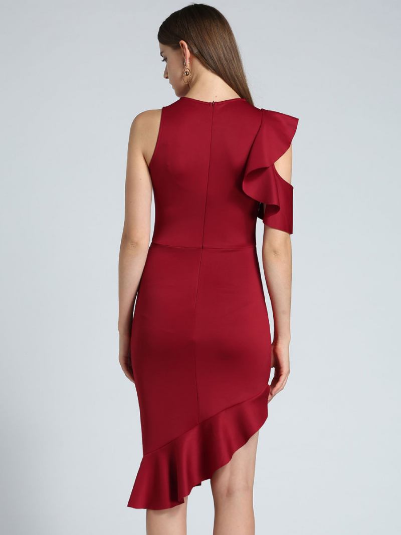 Vestidos Bodycon Pretos Femininos Assimétricos Babados Chique Vestido Curto Lápis - Vermelho