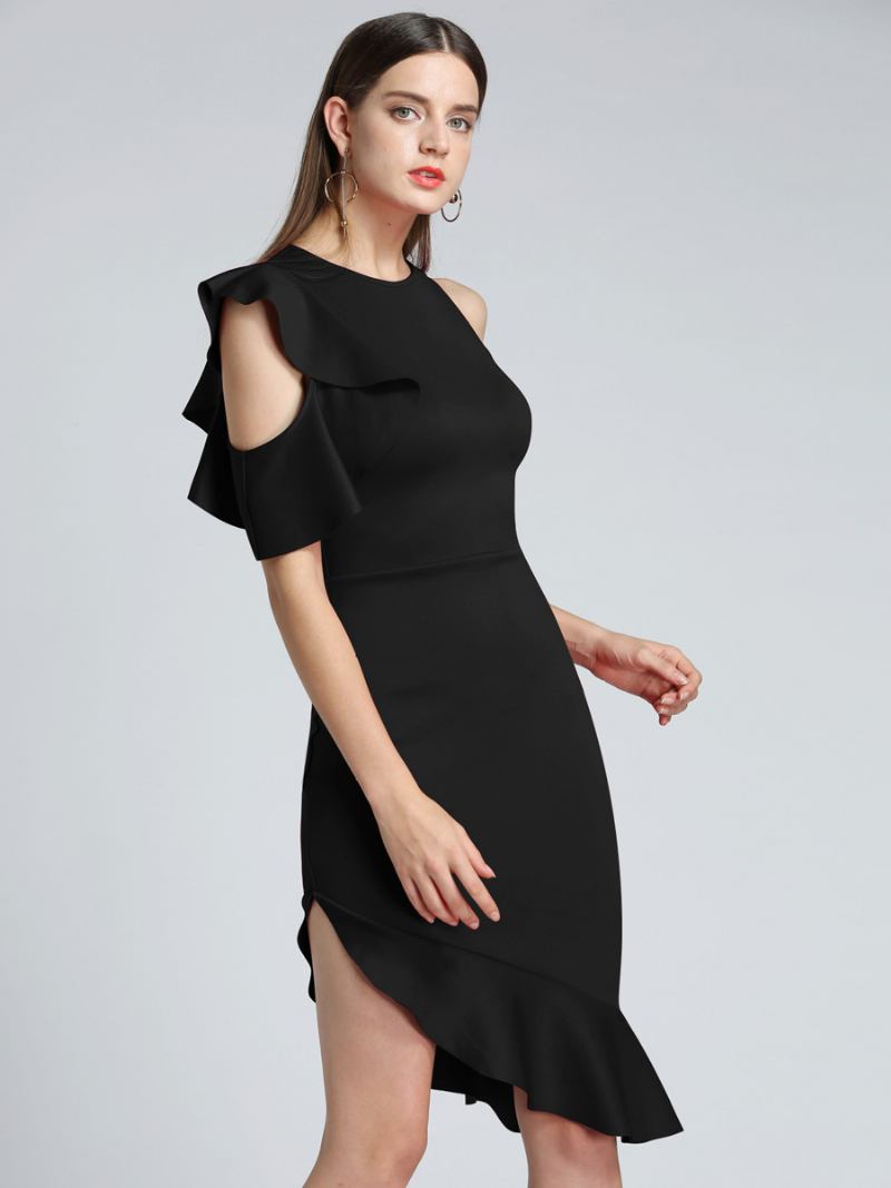 Vestidos Bodycon Pretos Femininos Assimétricos Babados Chique Vestido Curto Lápis - Preto