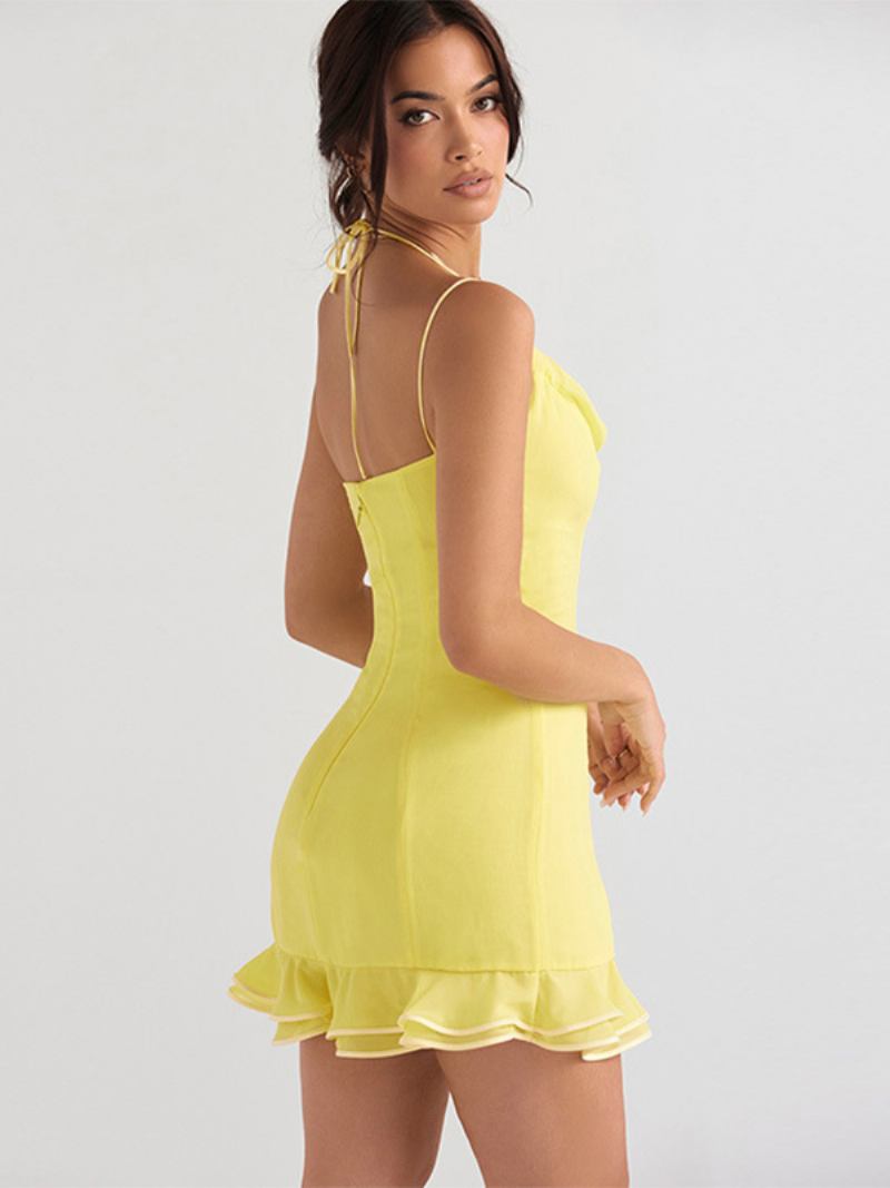 Vestidos Bodycon Pretos Femininos Com Babados Alças Finas Halter Sem Costas Sexy Mini - Amarelo