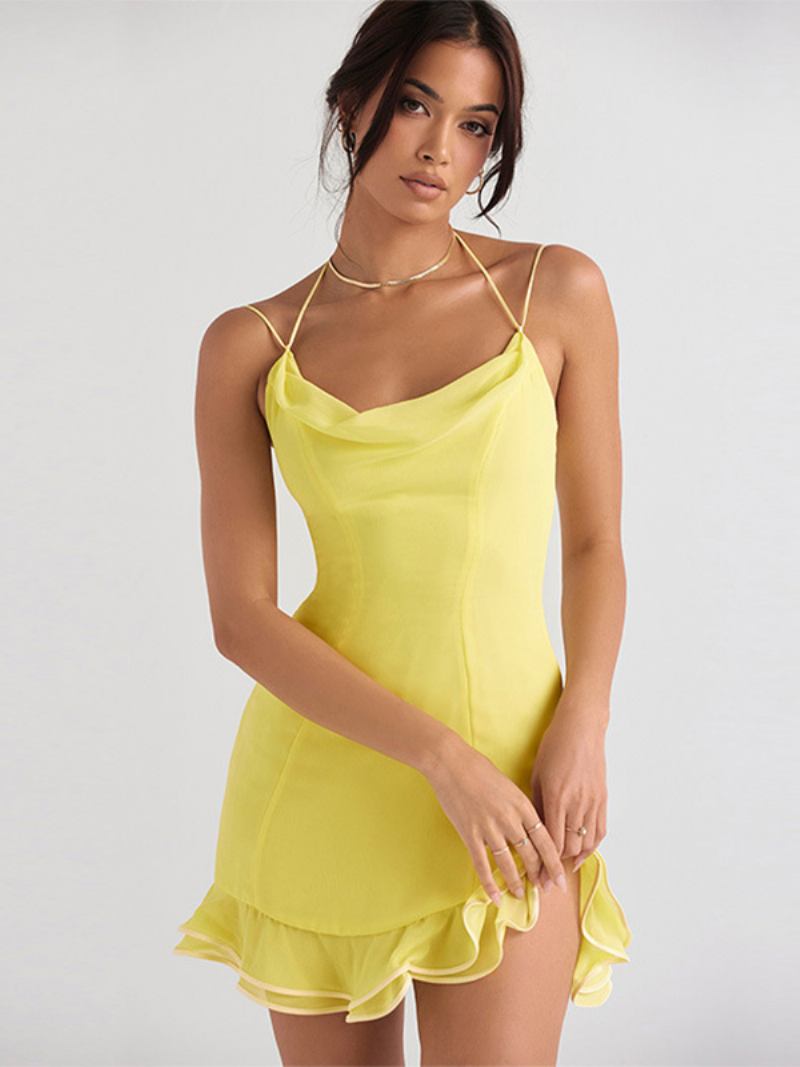 Vestidos Bodycon Pretos Femininos Com Babados Alças Finas Halter Sem Costas Sexy Mini - Amarelo