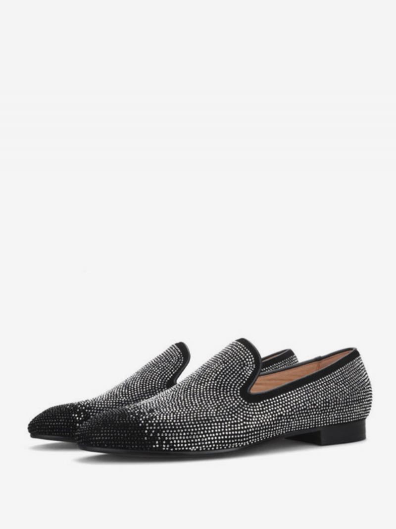 Mocassim Masculino Preto E Prata Cristal Strass Chinelo Slip-on Bico Redondo Camurça Superior Sapatos Festa Casamento