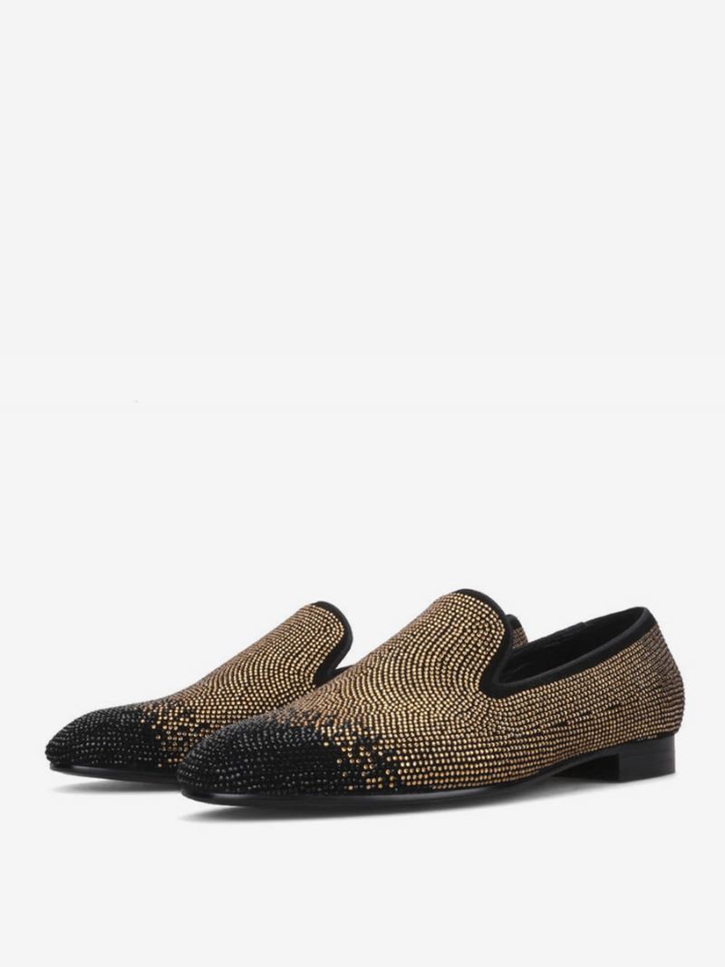 Mocassim Masculino Preto E Prata Cristal Strass Chinelo Slip-on Bico Redondo Camurça Superior Sapatos Festa Casamento - Amarelo Claro Profundo