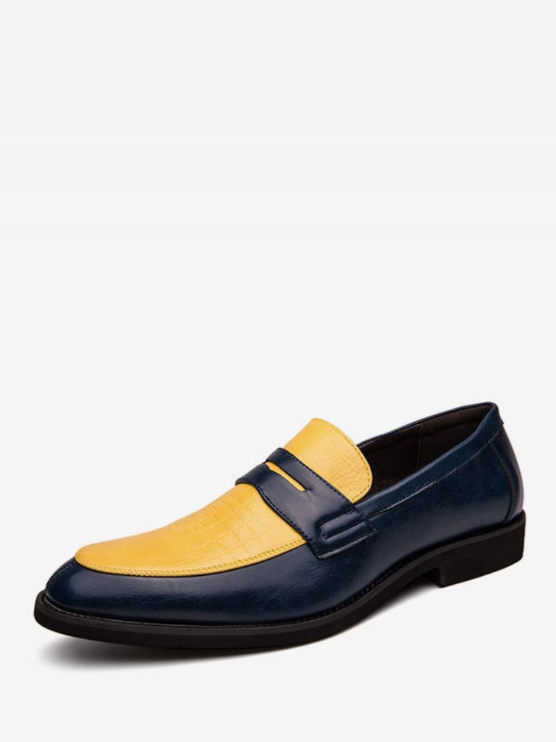 Mocassins Masculinos Azuis Bico Redondo Sapatos Noivo - Amarelo