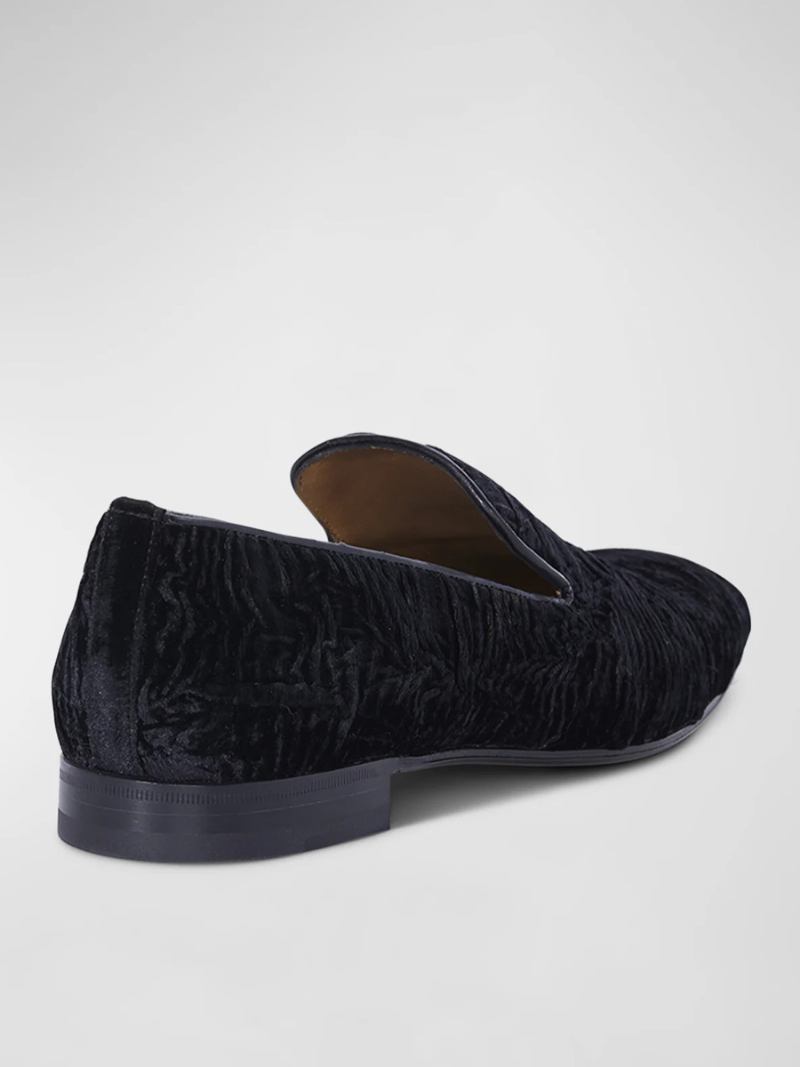 Mocassins Masculinos Baile Casamento Preto Prata Cetim Bico Redondo Envelhecido Sapatos Slip-on - Prata Negra