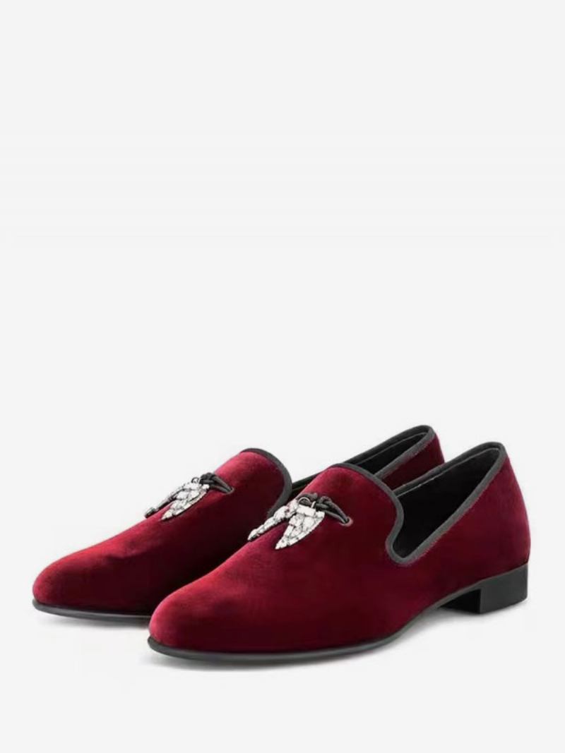 Mocassins Masculinos Camurça Preta Com Parte Superior Metal Dente Tubarão Bico Redondo Deslizamento Em Sapatos Casamento Para Festa Formatura - Vermelho Escuro 