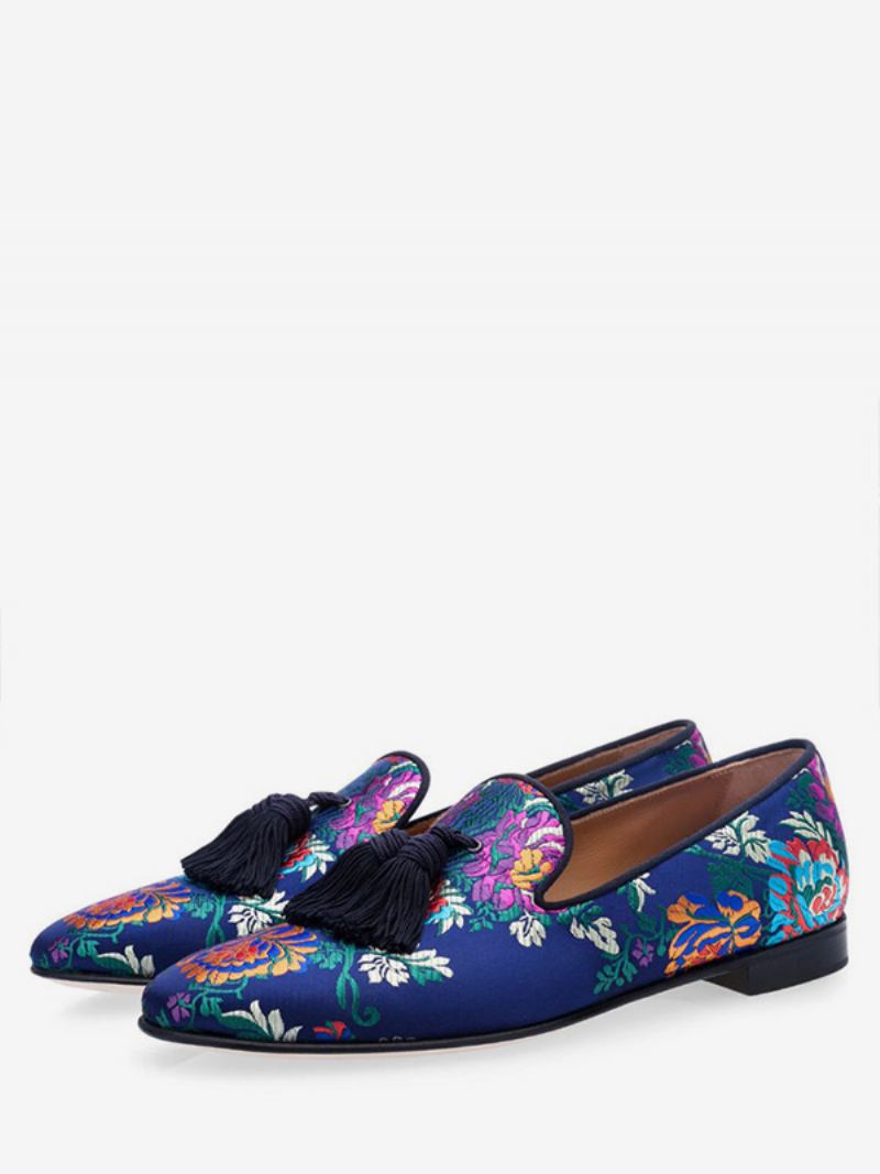 Mocassins Masculinos Cetim Azul Floral Bordado Com Borla