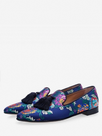 Mocassins Masculinos Cetim Azul Floral Bordado Com Borla