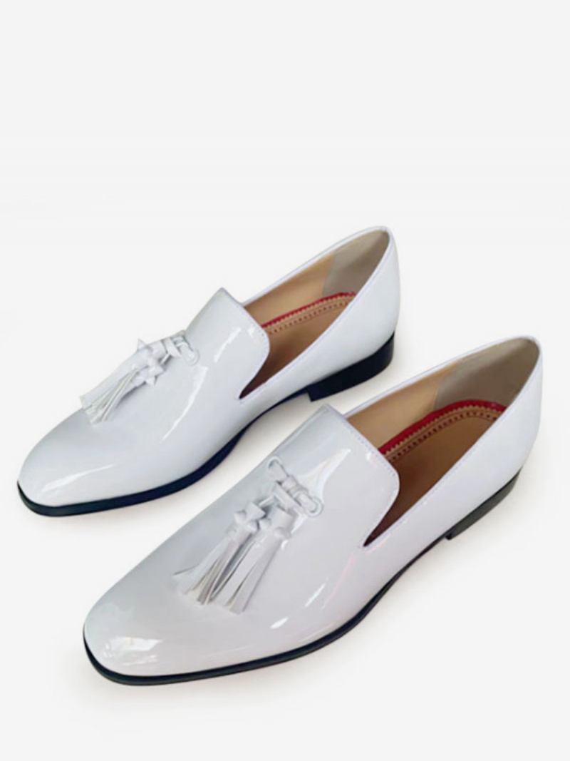 Mocassins Masculinos Com Borla E Couro Envernizado Bico Quadrado Festa Baile Sapatos Casamento - Branco