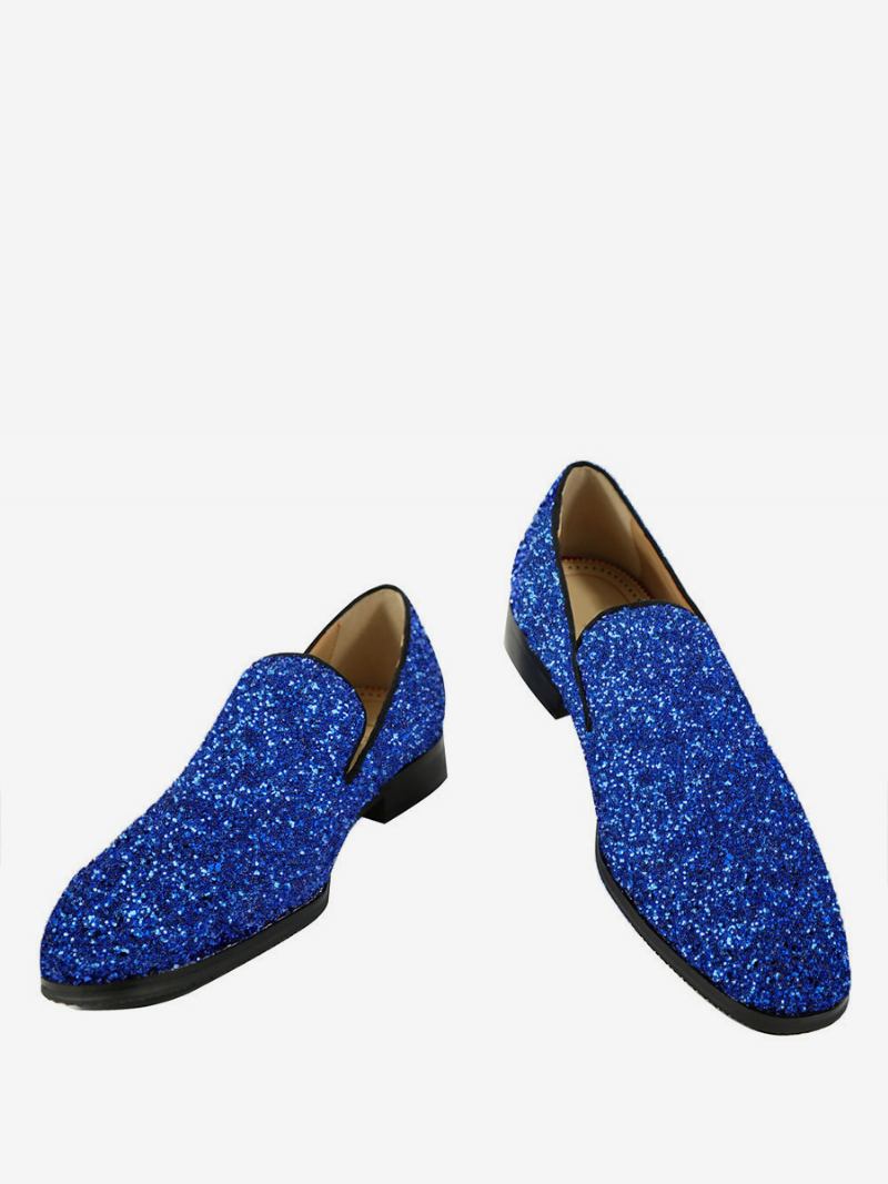 Mocassins Masculinos Com Lantejoulas E Glitter Azul Bico Redondo Sapatos Casamento Para Festa Formatura