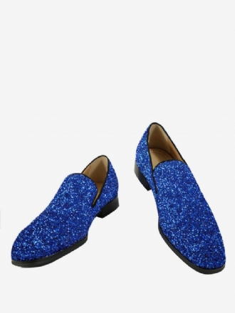 Mocassins Masculinos Com Lantejoulas E Glitter Azul Bico Redondo Sapatos Casamento Para Festa Formatura