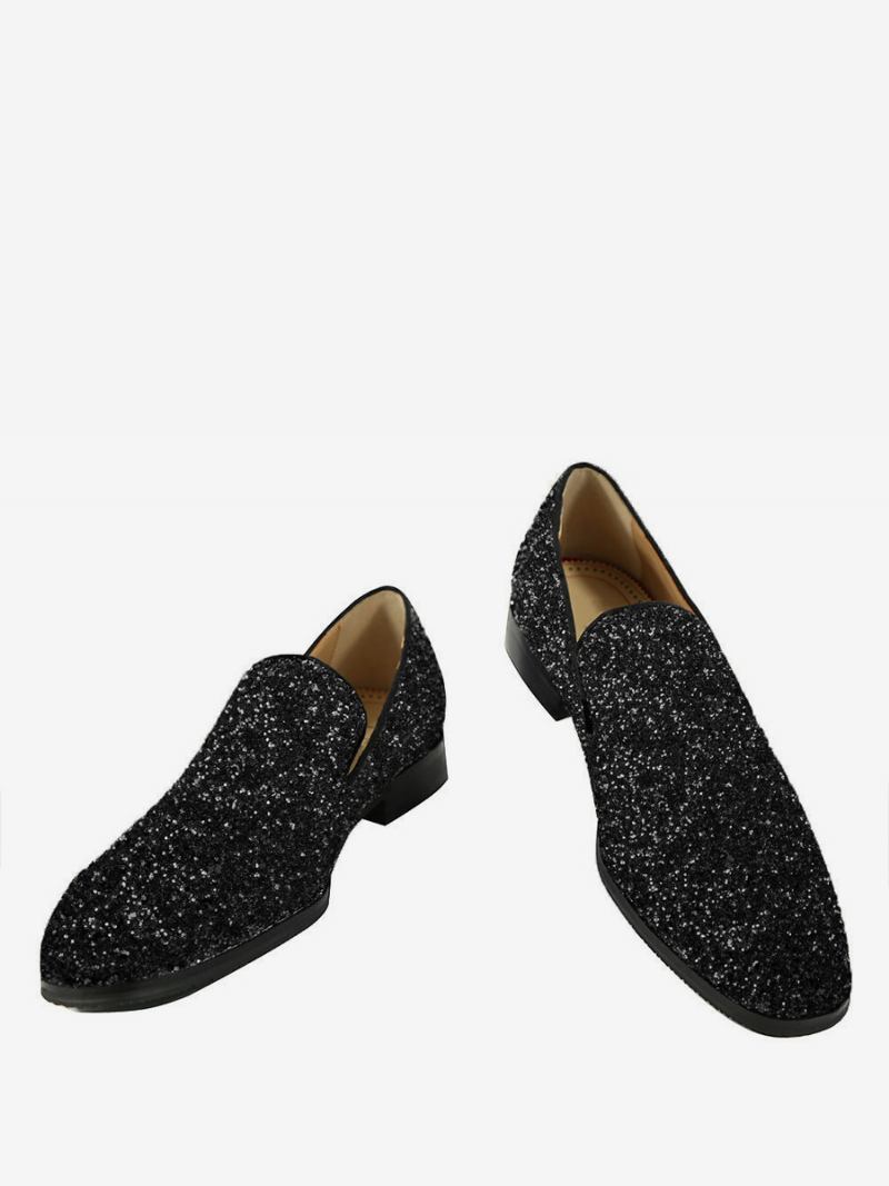 Mocassins Masculinos Com Lantejoulas E Glitter Azul Bico Redondo Sapatos Casamento Para Festa Formatura - Preto