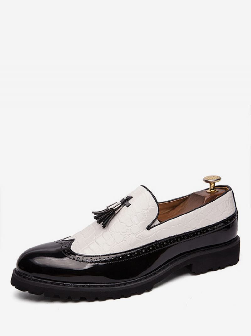 Mocassins Masculinos Preto E Branco Com Ponta Asa Taseel Slip-on Sapatos Formais Festa Baile