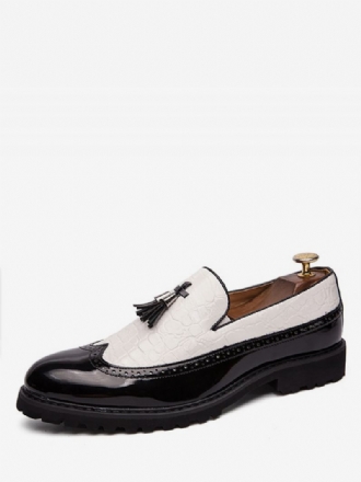 Mocassins Masculinos Preto E Branco Com Ponta Asa Taseel Slip-on Sapatos Formais Festa Baile