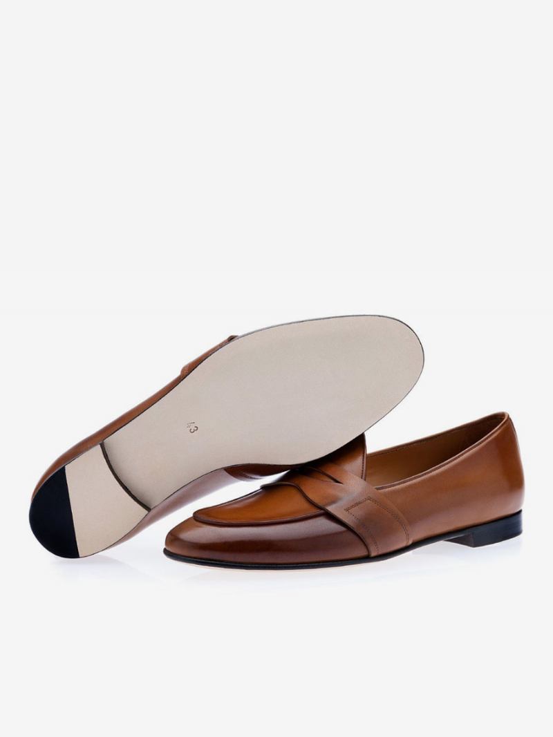 Mocassins Masculinos Slip-on Com Bico Redondo E Sapatos Noivo - Mogno