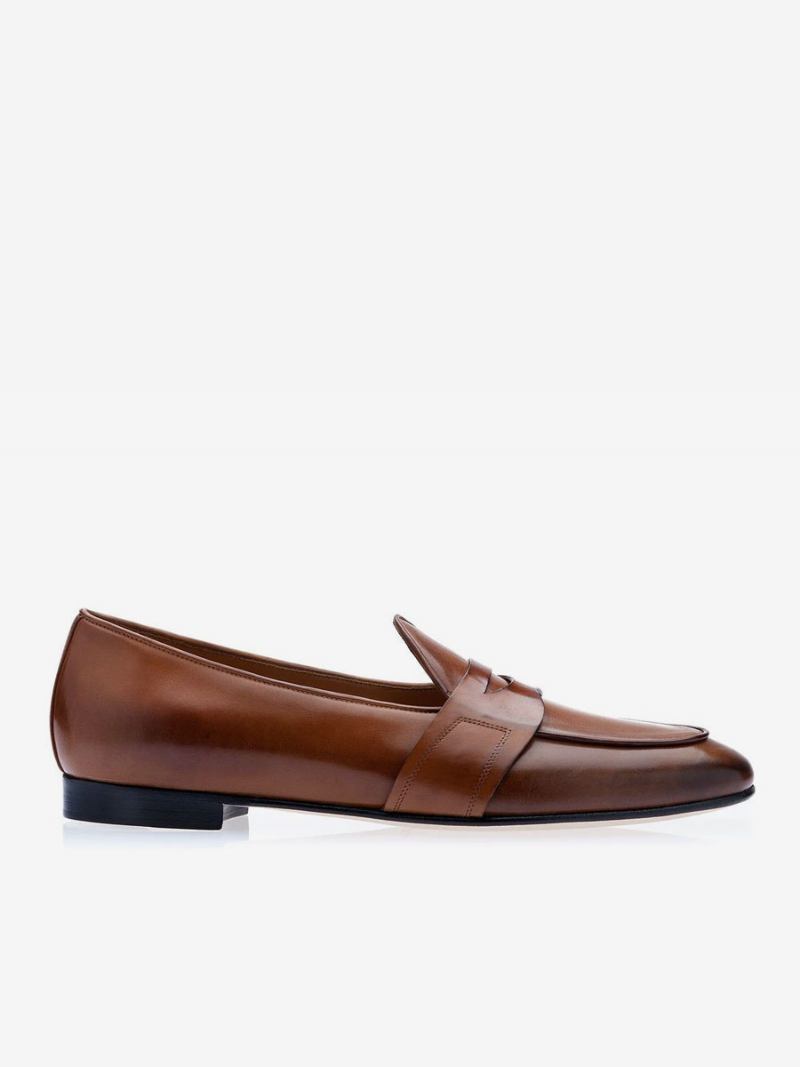 Mocassins Masculinos Slip-on Com Bico Redondo E Sapatos Noivo - Mogno