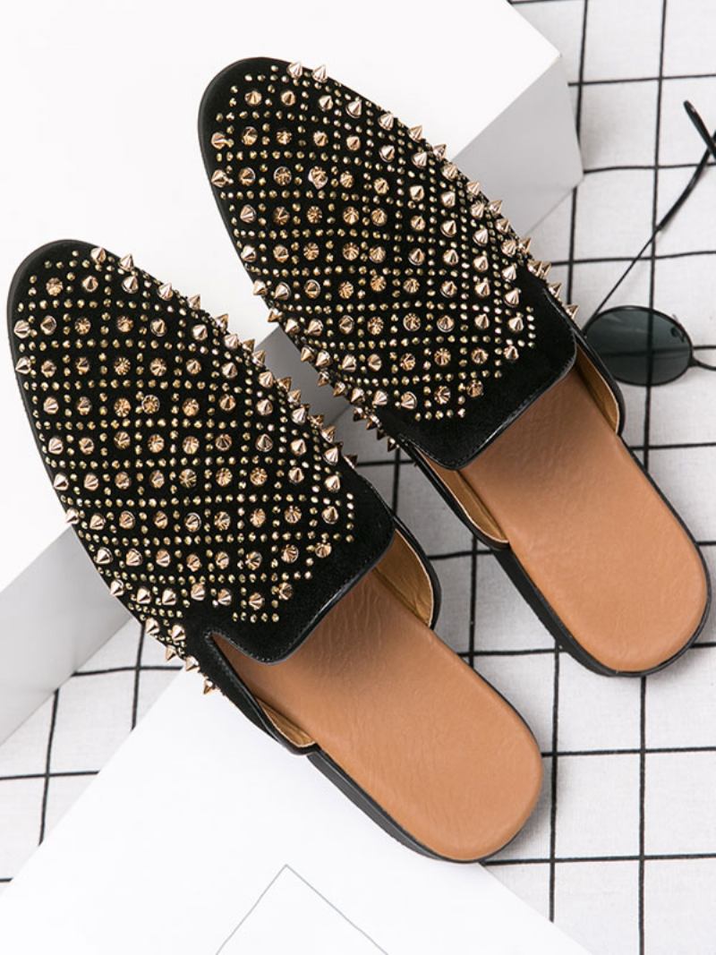 Sandálias Masculinas Slip-on Arte Cravejada Rebites Couro Sola Borracha Com Ponta Mules - Amarelo