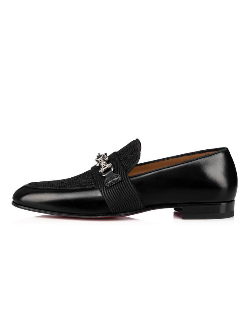 Sapatos Baile Masculinos Com Bico Redondo Preto Detalhes Metal Slip-on Em Couro Vaca - Preto