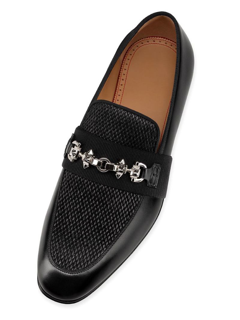 Sapatos Baile Masculinos Com Bico Redondo Preto Detalhes Metal Slip-on Em Couro Vaca - Preto