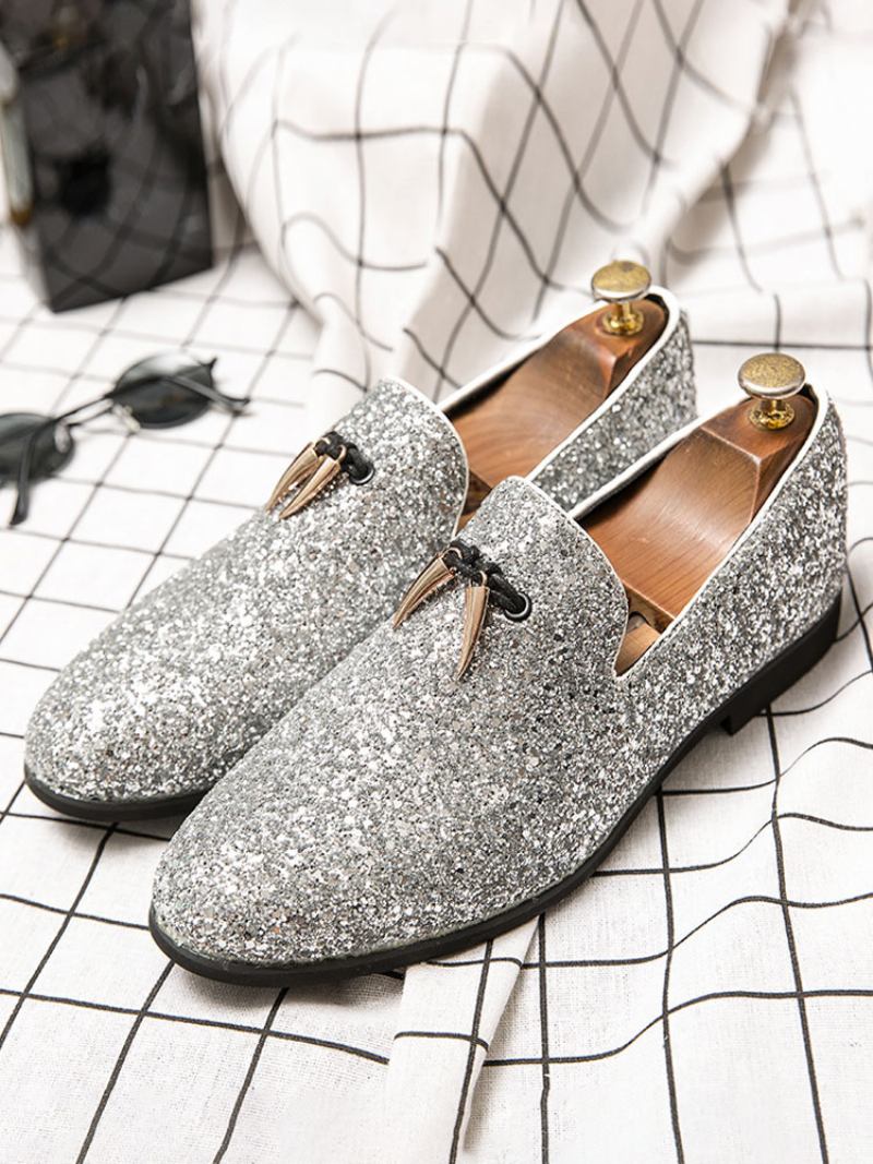 Sapatos Masculinos Mocassim Para Festa Baile Casamento Preto Com Glitter Bico Redondo Vestido - Prata