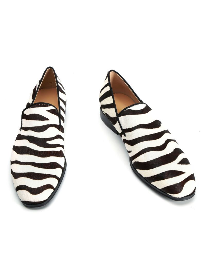 Sapatos Masculinos Mocassins Para Festa Baile Casamento Com Estampa Zebra Bico Redondo Casuais - Branco