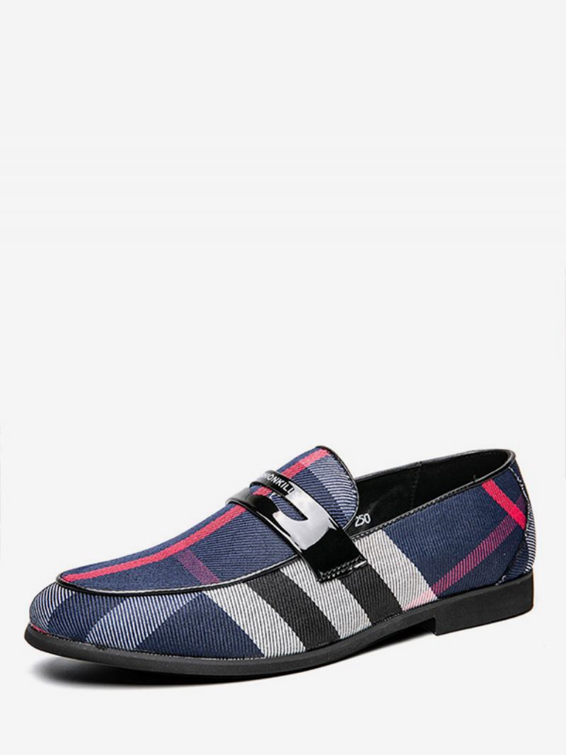 Sapatos Masculinos Mocassins Para Festa Casamento Populares Couro Pu Com Alça Monge Xadrez Slip-on -  Azul