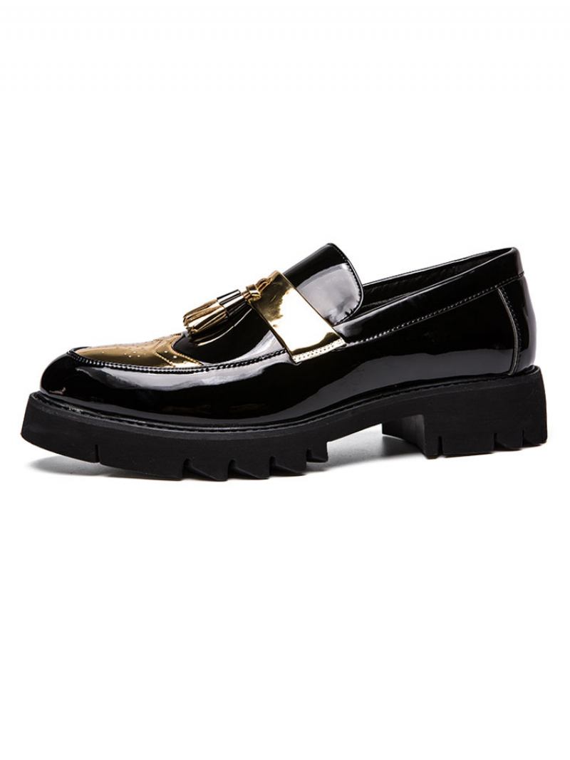 Sapatos Mocassins Couro Brilhante Com Plataforma Wingtip Tassel Masculino - Ouro