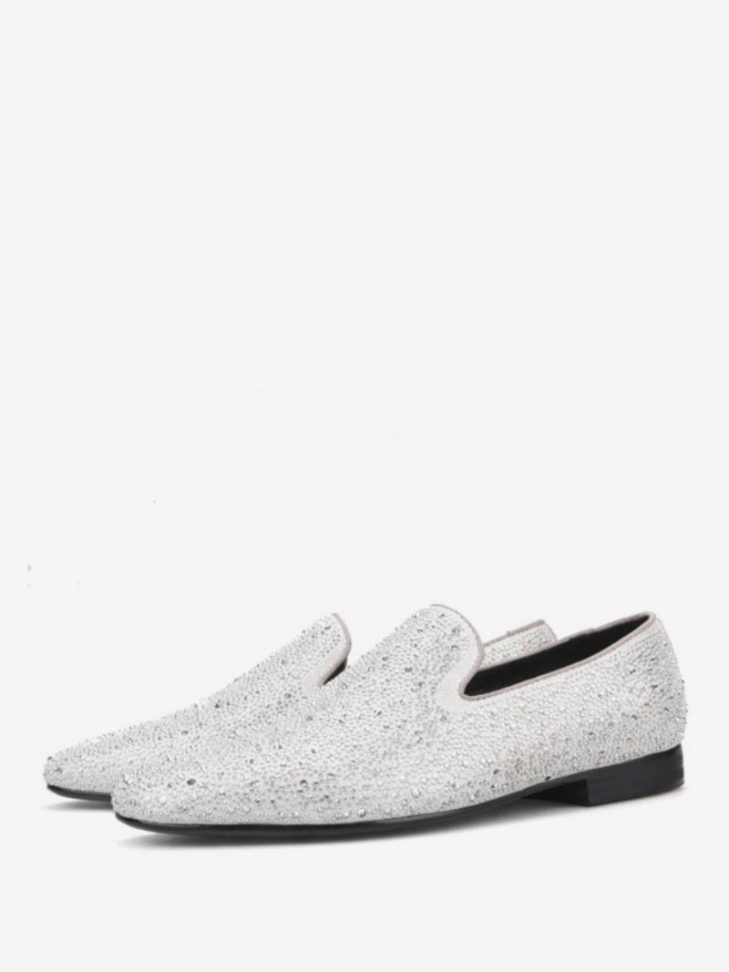 Sapatos Mocassins Masculinos Camurça Cristal Branco Frio Strass Slip-on Festa Casamento