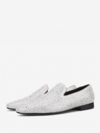 Sapatos Mocassins Masculinos Camurça Cristal Branco Frio Strass Slip-on Festa Casamento