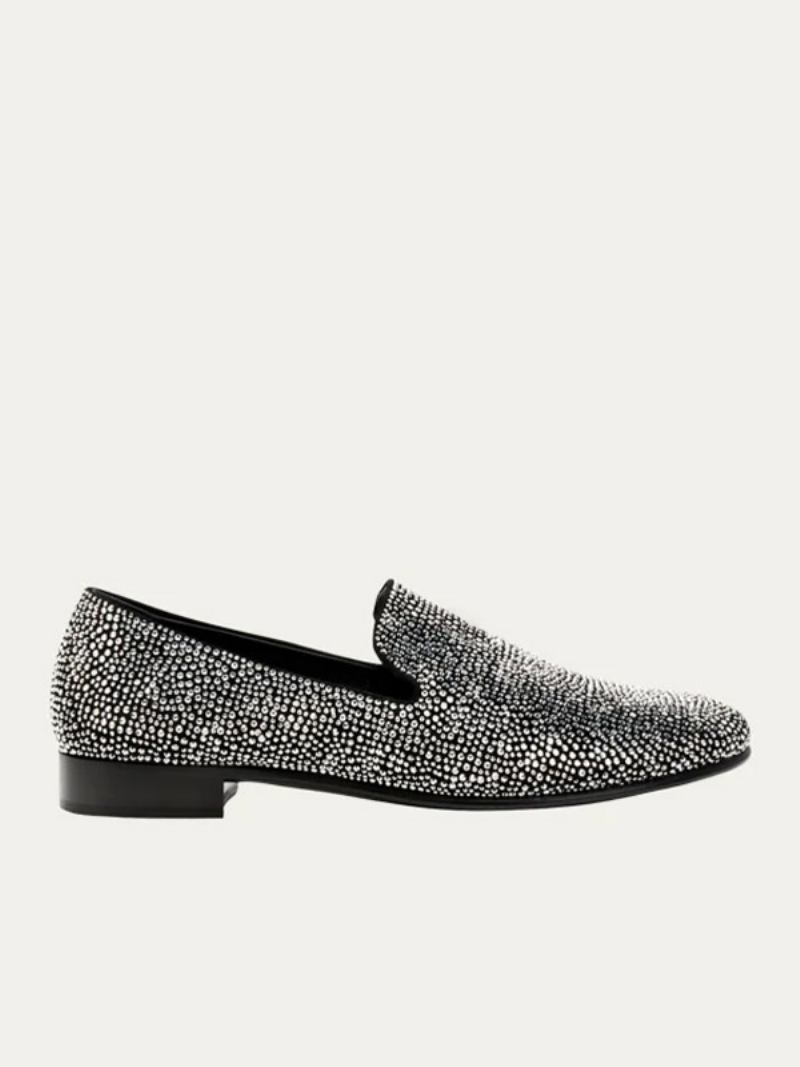 Sapatos Mocassins Masculinos Camurça Prata Cristal Strass Sliiper Slip-on Prom Party Sapato Casamento - Preto