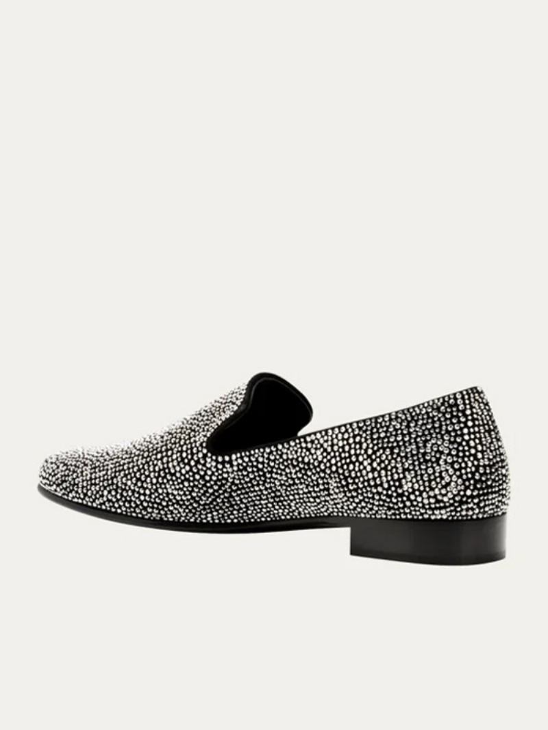 Sapatos Mocassins Masculinos Camurça Prata Cristal Strass Sliiper Slip-on Prom Party Sapato Casamento - Preto