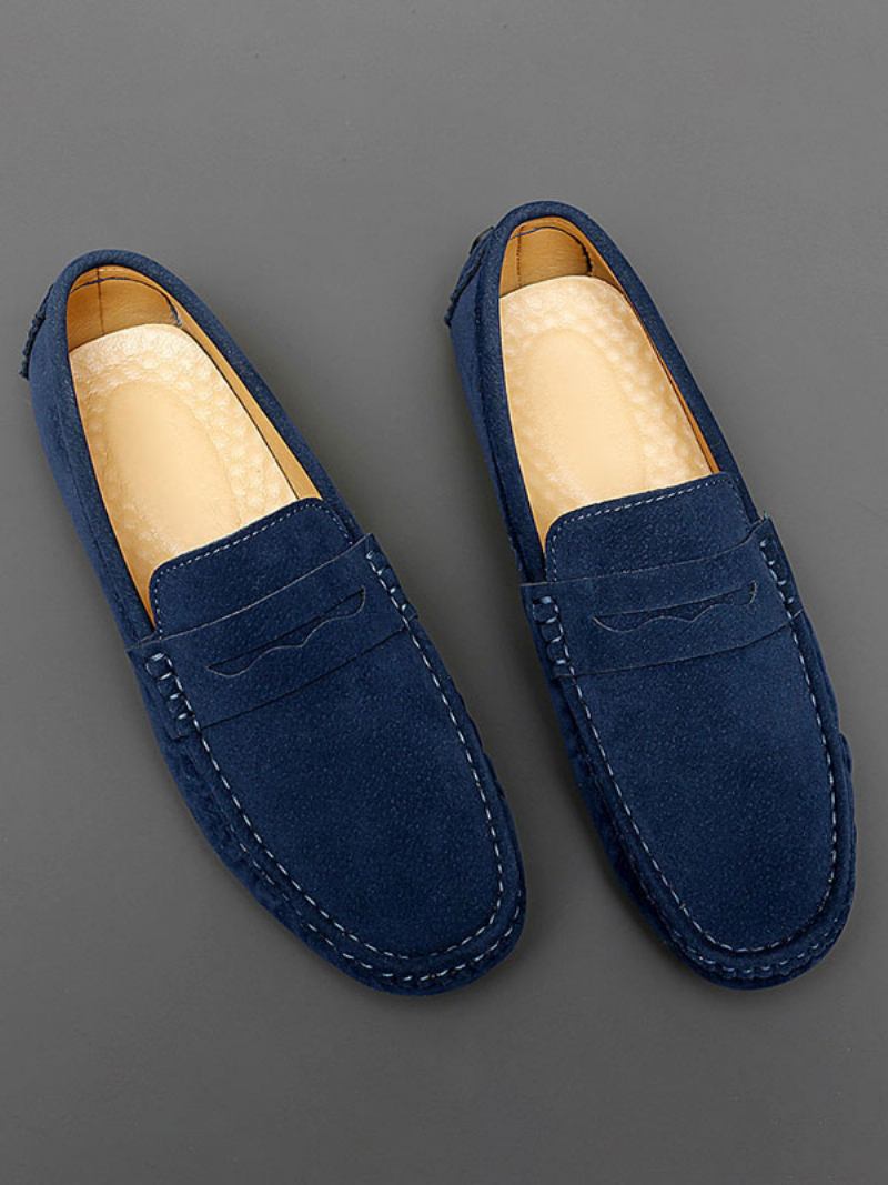 Sapatos Mocassins Masculinos Com Bico Redondo E Deslizamento Para Dirigir - Azul