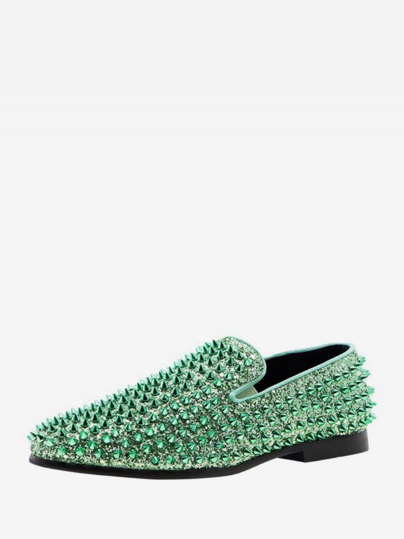 Sapatos Mocassins Masculinos Com Lantejoulas E Pontas Glitter Rebites Slip-on Para Festa Baile Casamento - Verde Claro