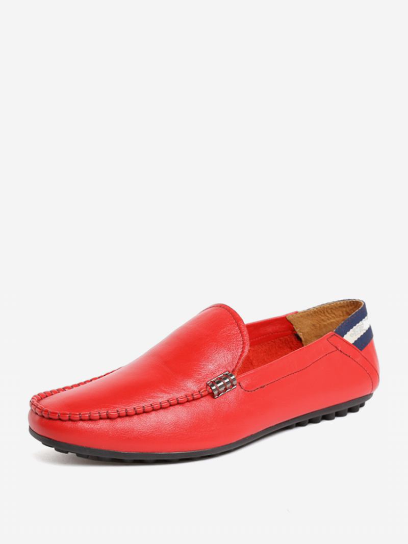 Sapatos Mocassins Masculinos Couro Bovino Com Bico Redondo - Vermelho