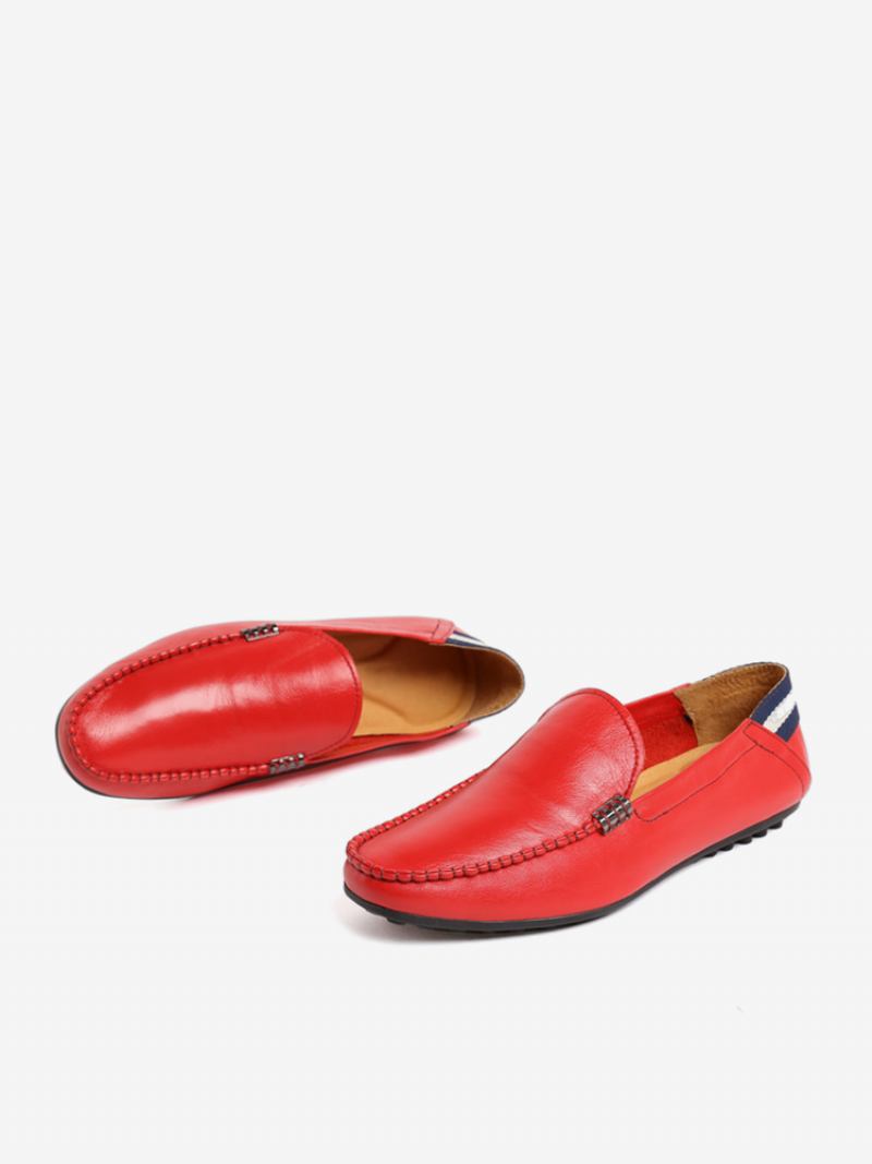 Sapatos Mocassins Masculinos Couro Bovino Com Bico Redondo - Vermelho