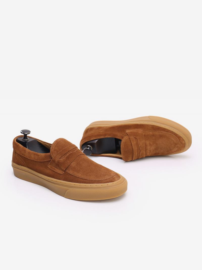 Sapatos Mocassins Masculinos Couro Bovino Com Bico Redondo - Castanho Café