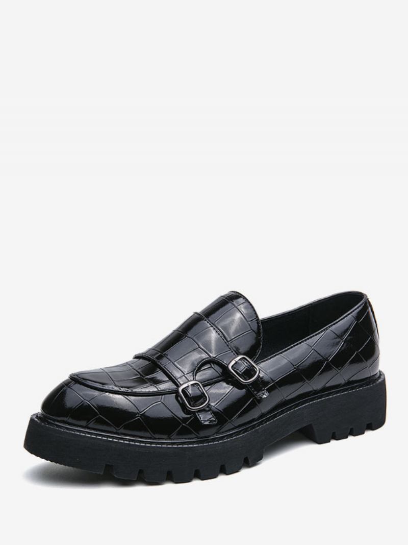 Sapatos Mocassins Masculinos Couro Pu Com Alça Monge Xadrez Slip-on - Preto