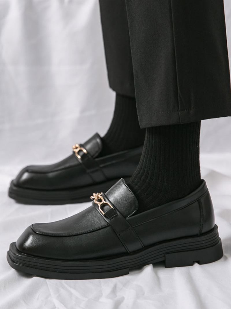 Sapatos Mocassins Masculinos Couro Pu Com Detalhes Metal Slip-on - Preto