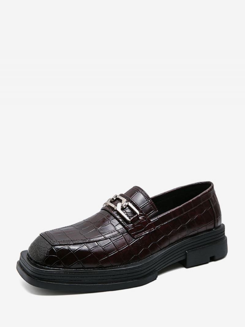 Sapatos Mocassins Masculinos Em Couro Pu Com Detalhes Metal Slip-on - Café Marrom