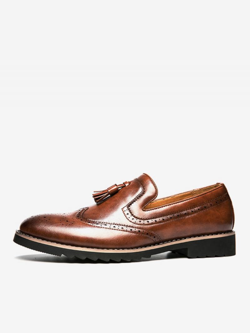 Sapatos Mocassins Masculinos Slip-on Pom Poms Bico Redondo Couro Pu - Café Marrom