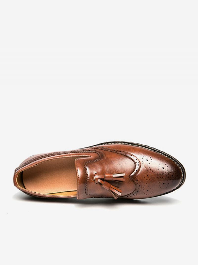 Sapatos Mocassins Masculinos Slip-on Pom Poms Bico Redondo Couro Pu - Café Marrom