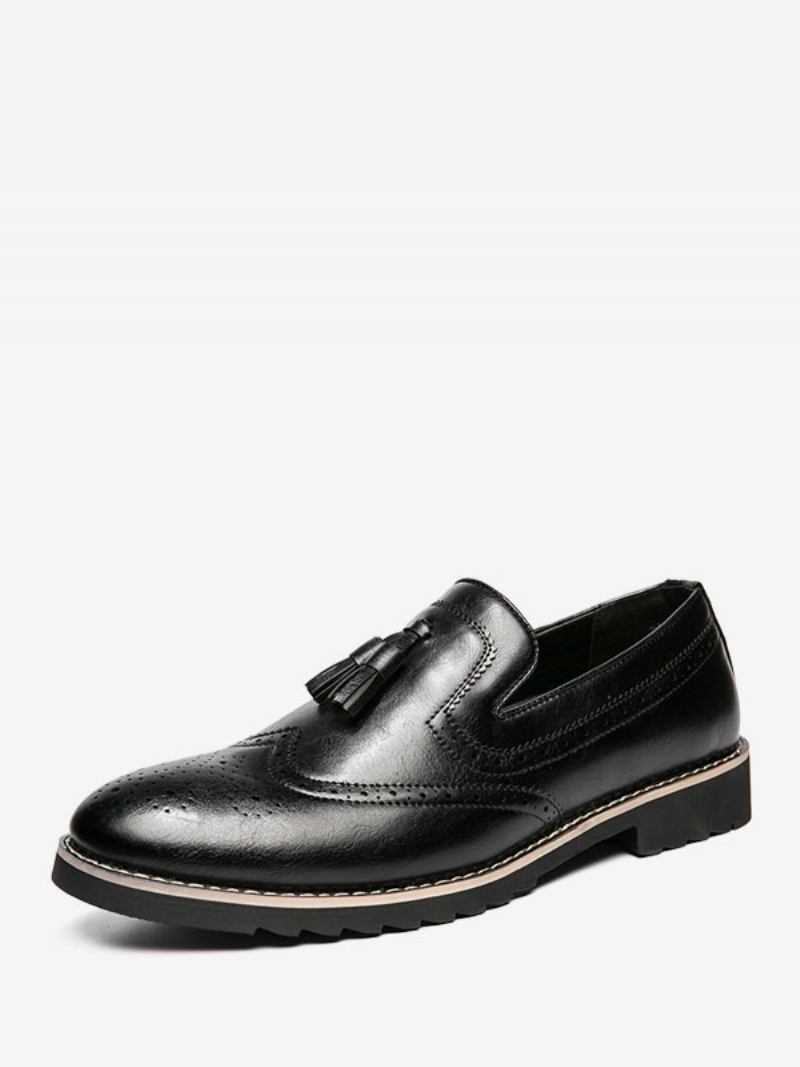 Sapatos Mocassins Masculinos Slip-on Pom Poms Bico Redondo Couro Pu - Preto