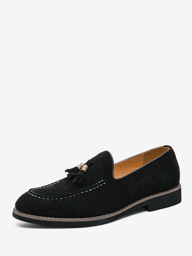 Sapatos Mocassins Masculinos Slip-on Pom Poms Bico Redondo Couro Pu - Preto