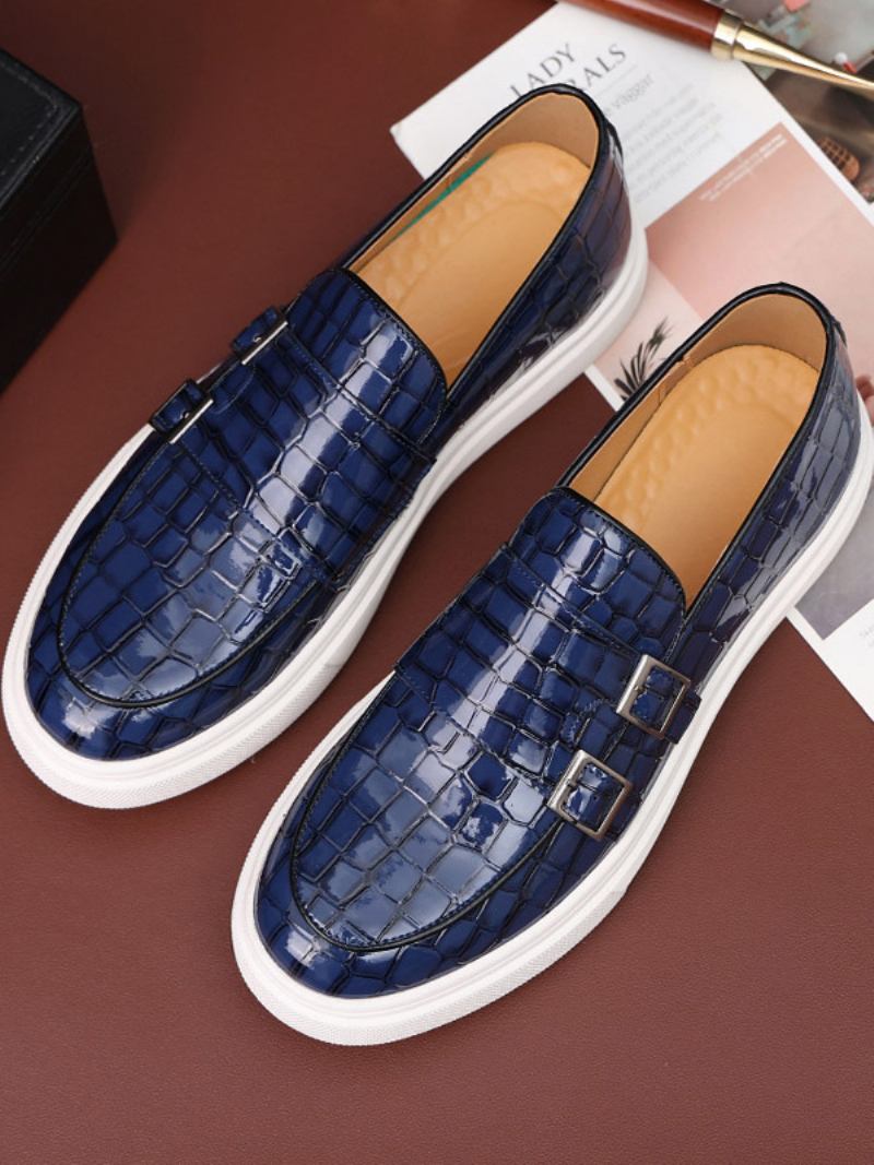 Sapatos Mocassins Para Homens Com Tira Couro Pu E Monge - Azul