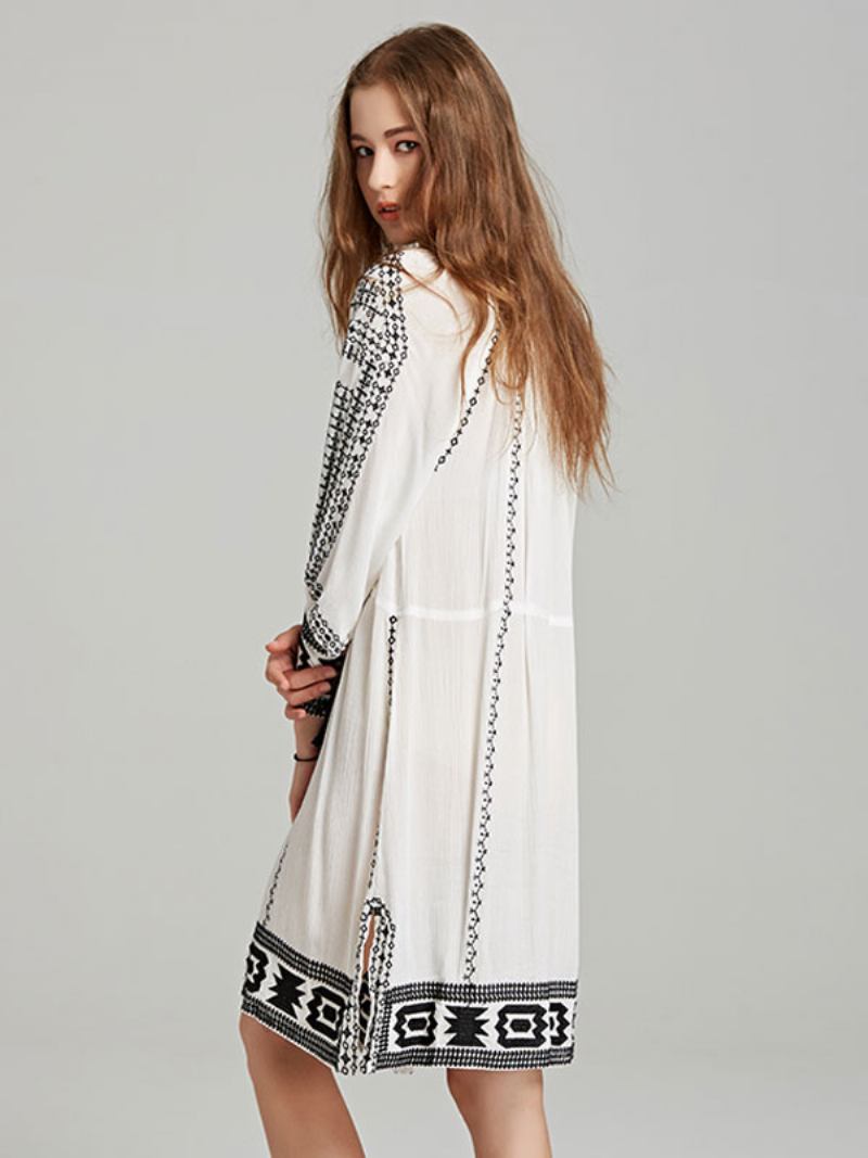 Boho Vestido Profundo Com Decote Em V Luz Marrom Borla Mangas Compridas Bordado Boêmio Cigano Praia Férias Primavera Verão Curto Para Mulher - Branco