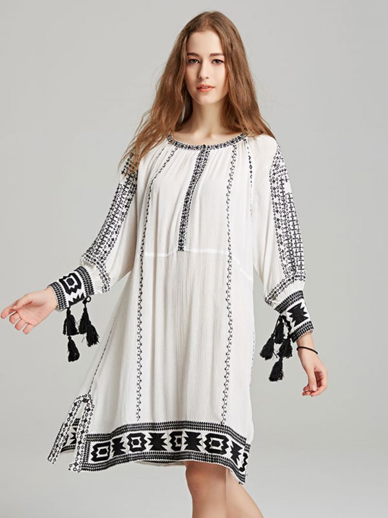 Boho Vestido Profundo Com Decote Em V Luz Marrom Borla Mangas Compridas Bordado Boêmio Cigano Praia Férias Primavera Verão Curto Para Mulher - Branco