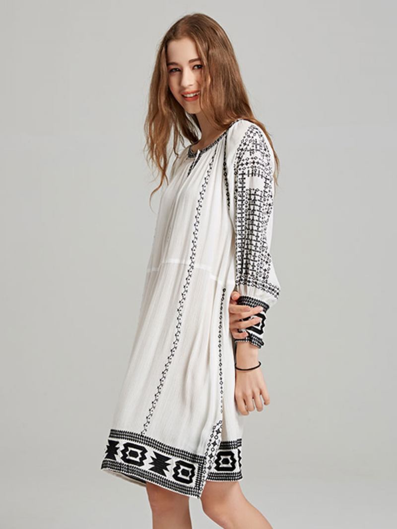 Boho Vestido Profundo Com Decote Em V Luz Marrom Borla Mangas Compridas Bordado Boêmio Cigano Praia Férias Primavera Verão Curto Para Mulher - Branco