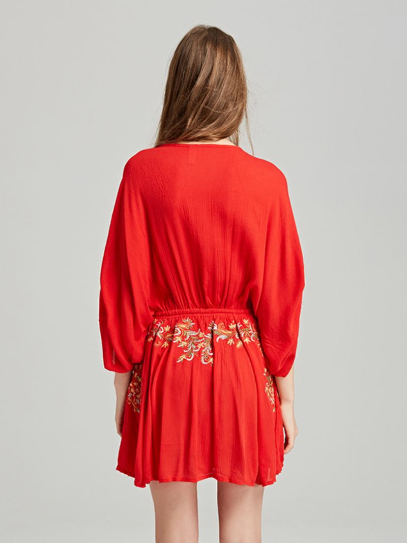 Boho Vestido Vermelho Algodão Profundo Decote Em V Manga Longa Trompete Boêmio Cigano Bordado Férias Primavera Outono Mini Praia Para Mulher - Vermelho